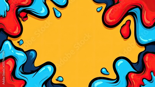 Vibrant splashes of blue, red, and dark colors against a bright yellow backdrop