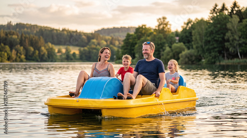 Happy family laughing on a yellow pedal boat on a scenic lake at sunset