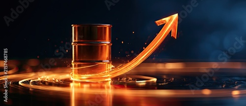 A golden barrel with an orange arrow charting upward on a dark, glowing surface