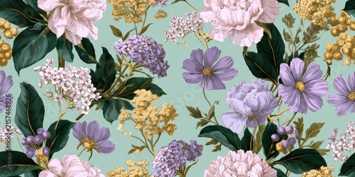 A soft mint green background hosts an elegant arrangement of light purple, pink, and yellow blooms