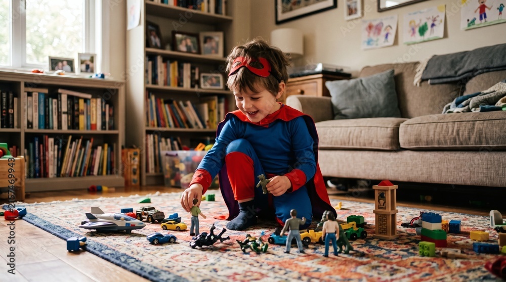 Fototapeta premium Young boy dressed as a superhero playing with toys on the floor in a living room
