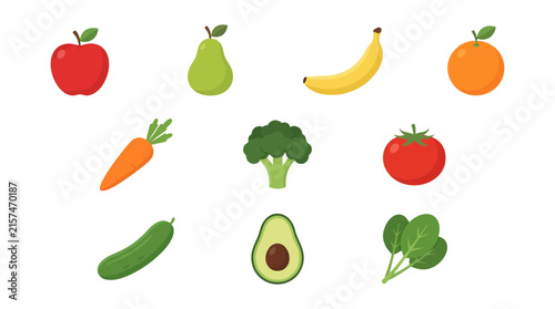 A collection of colorful fresh fruits and vegetables icons set.