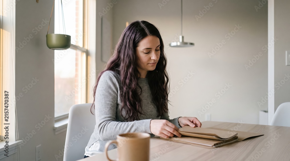 Naklejka premium Generative AI, Woman reviewing documents at a bright home table