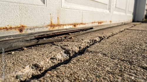 Structural failure of a garage door with a large crack in the concrete at the bottom.