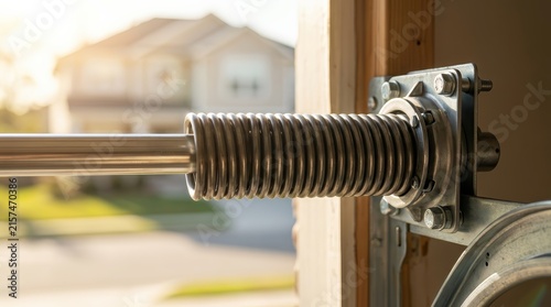 Close-up of garage door torsion spring and hardware for repair and maintenance.