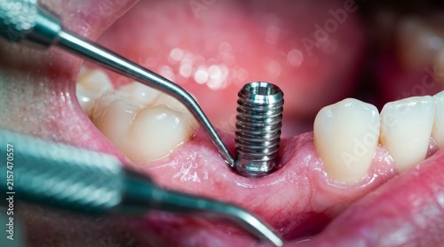 Close up of oral surgery showing a dental implant screw and surgical instruments
