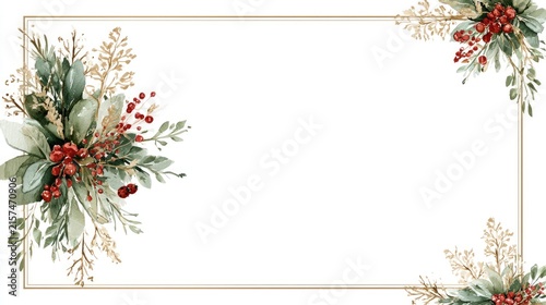 Festive winter foliage and berries decorate a golden rectangular frame