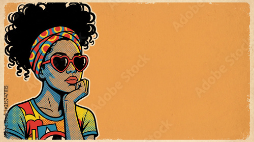 Retro 70s Pop Art Style Stationery Mockup Featuring African American Woman with Afro and Heart Sunglasses, Vintage Design Presentation, Copy Space, Professional Digital Illustration