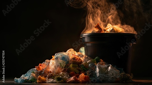 Overflowing trash bin emitting steam and smoke against a dark backdrop