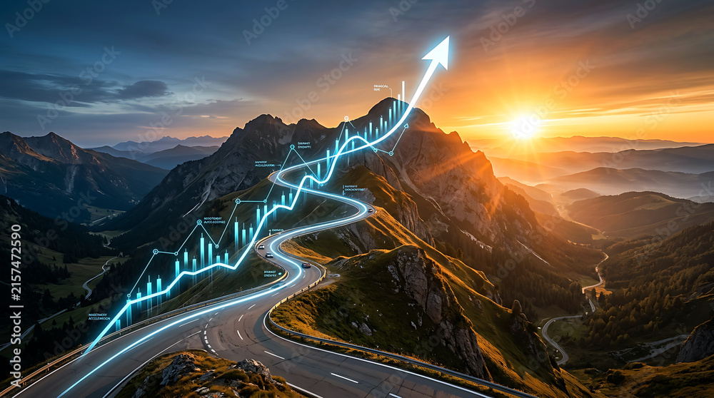 Fototapeta premium Financial growth concept with glowing upward stock chart over mountain road