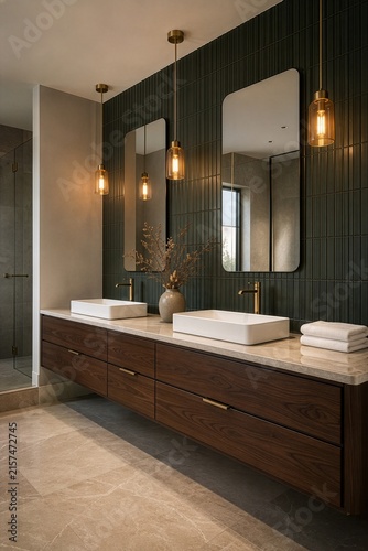 Luxury Modern Bathroom Vanity with Dark Wood Cabinet, Marble Countertop and Pendant Lighting