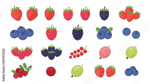 A collection of various hand drawn colorful berries and fruits on white background.