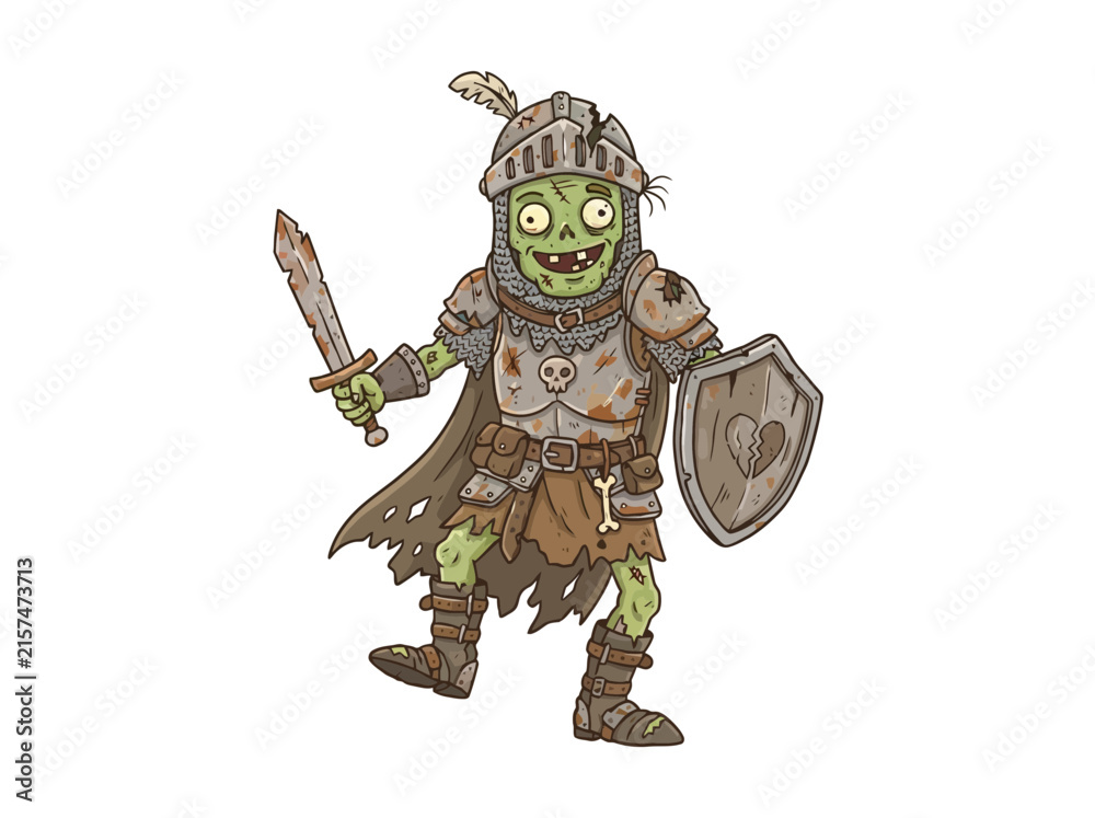 Fototapeta premium Cartoon illustration of a medieval knight zombie holding a sword and shield.