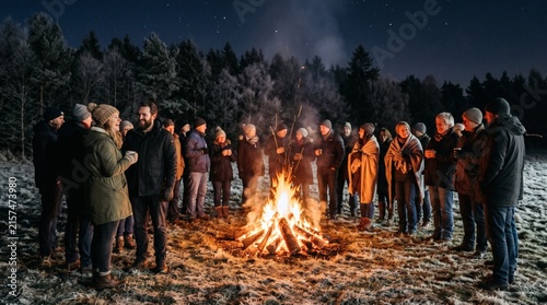 Diverse group of people gathered around a warm bonfire at night in a snowy forest clearing