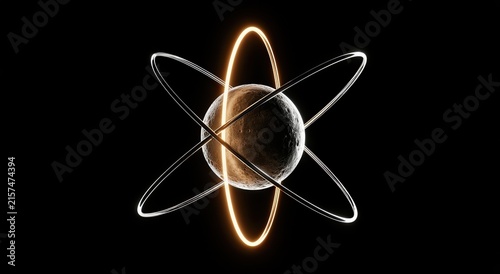 Glowing rings orbit a textured sphere against a dark backdrop