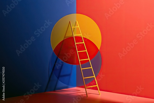 Geometric wall art with intersecting circles and a ladder
