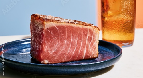 Seared tuna steak with flaky salt, served on dark plate beside iced drink