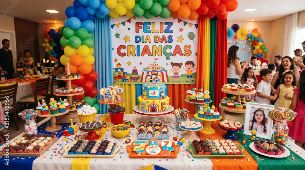 Obraz premium Childrens Day Celebration with Colorful Decorations and Sweet Treats