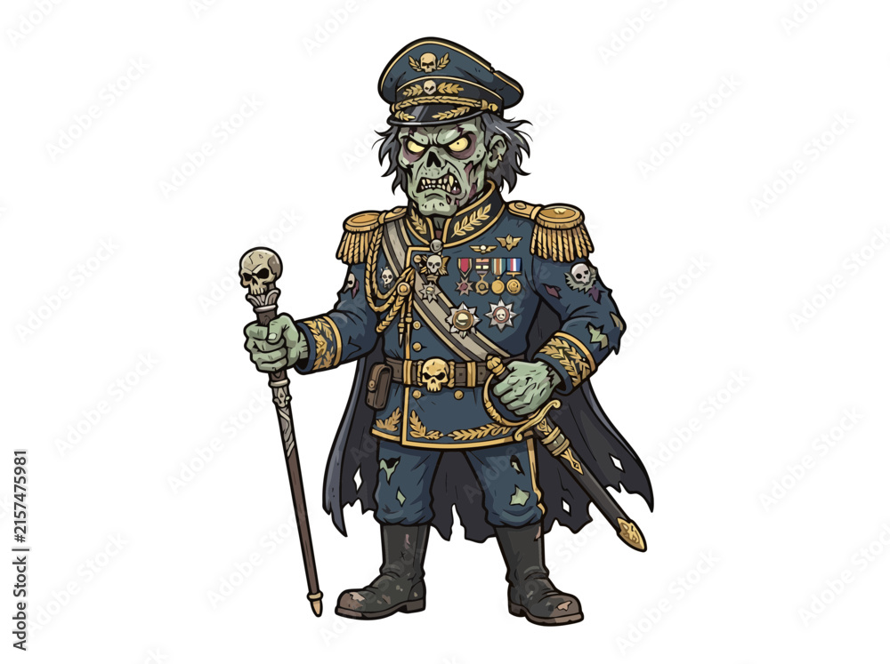 Fototapeta premium An undead military general character standing with a skull topped cane and sword.