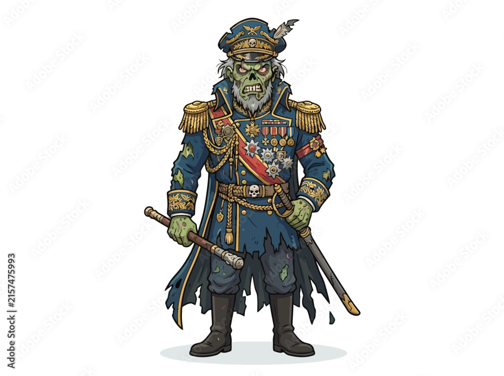 Fototapeta premium Undead military general in tattered uniform holding a sword.