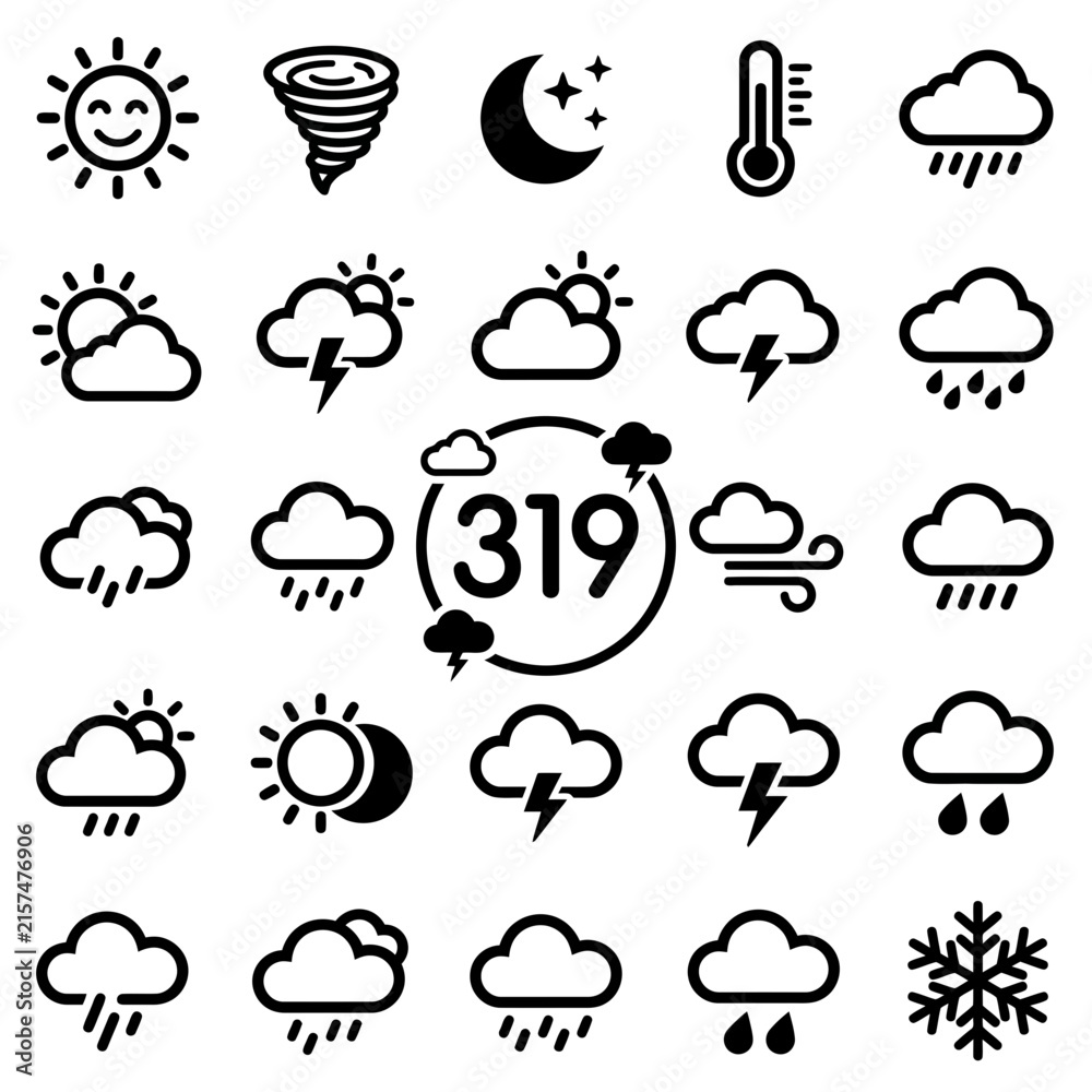 Obraz premium Weather Icons Set: Sun, Clouds, Rain, Snow, Storm, Wind, Moon, Thermometer