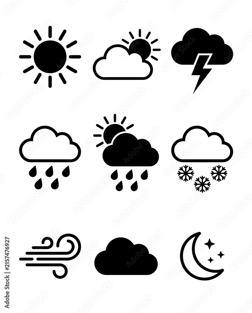 Obraz premium Weather Icons Set: Sun, Clouds, Rain, Snow, Storm, Wind, Night Sky