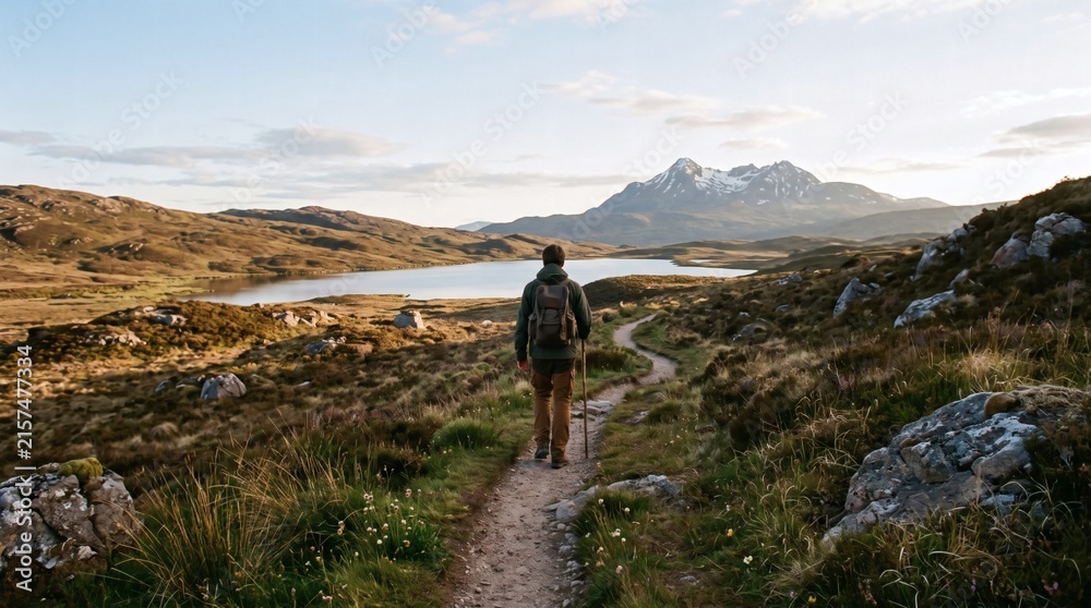 Obraz premium Man hiking on a scenic trail towards a mountain lake and snow capped peaks in the distance