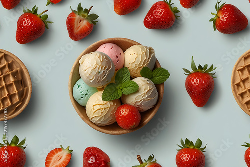 Top view of ice cream bowl with colorful scoops surrounded by fresh strawberries and waffle pieces on pale blue background flat lay style.