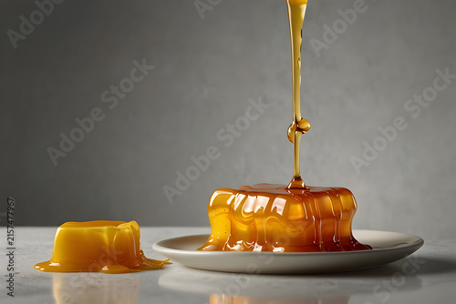 Golden honey pouring over two square pieces of sweet caramel candy on a white plate.