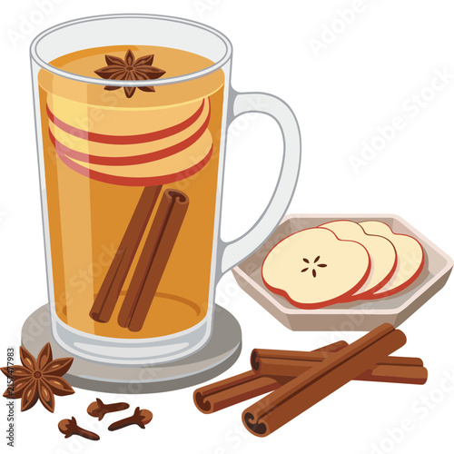 Hot Spiced Apple Cider Drink with Cinnamon Sticks and Star Anise Illustration