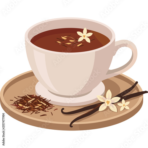Cozy cup of herbal vanilla tea served with aromatic vanilla beans and white flowers on a plate