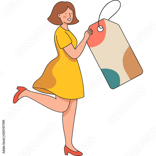 Happy woman in yellow dress holding huge price tag for shopping discount concept illustration