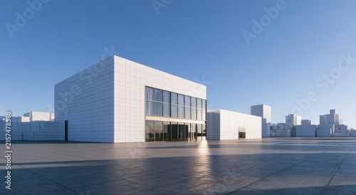 Modern white building with large glass entrance and clear blue sky