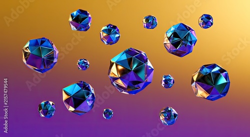 Abstract iridescent geometric shapes floating on a gradient background