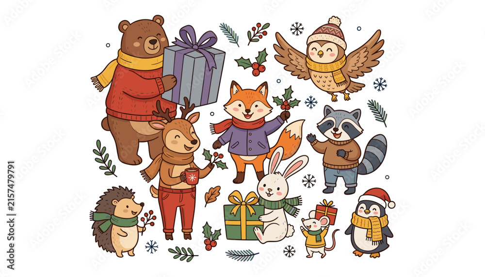 Obraz premium Cute winter forest animals vector set featuring Christmas bear fox owl deer rabbit raccoon penguin and festive holiday gifts
