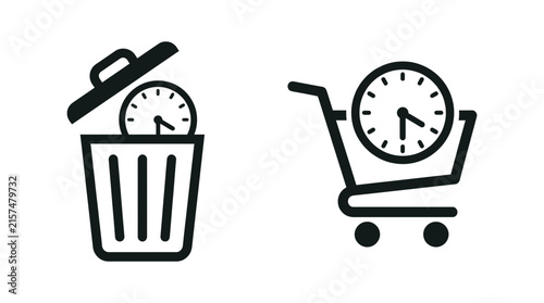 Minimalist vector graphic illustration showcasing clock inside a trash can and a shopping cart, representing waste of time versus commerce