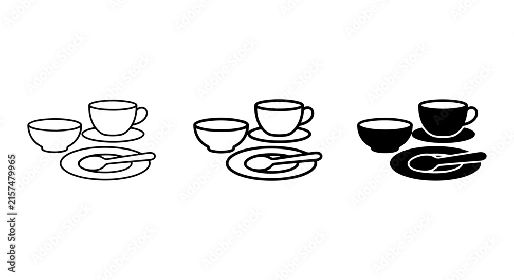 Obraz premium Coffee Cup and Saucer Icons, Simple Line Art and Silhouette Set, Breakfast Beverage Service