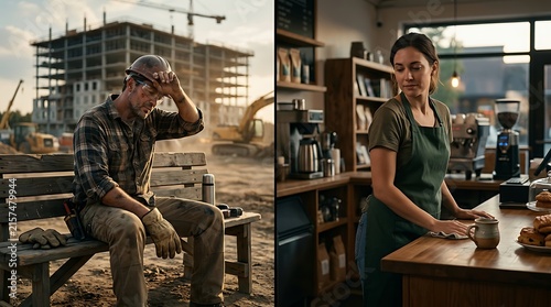 Split screen of tired construction worker and diligent barista