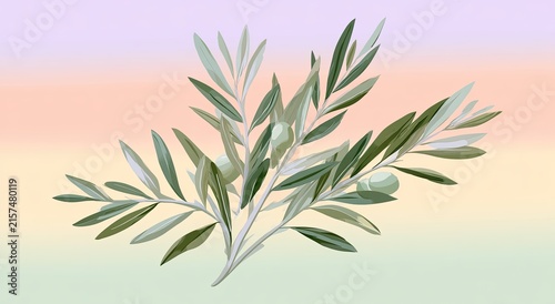 Delicate green olive branches with pale green fruit on a soft gradient