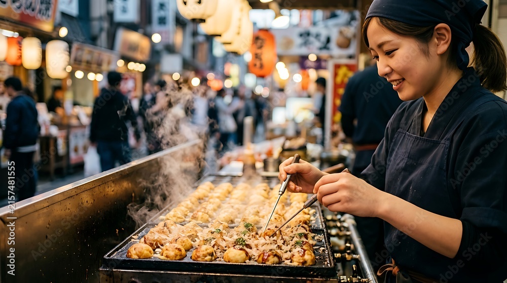 Naklejka premium Smiling woman preparing takoyaki at a japanese street food market