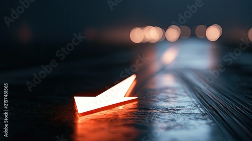 Glowing neon arrow points down a dark, reflective road with bokeh lights