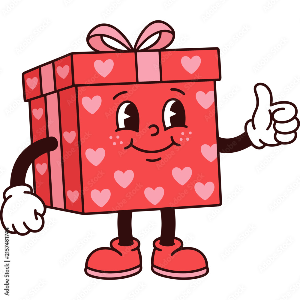 Naklejka premium Retro Cartoon Gift Box Mascot Character Showing Thumbs Up for Valentine and Birthday Celebration