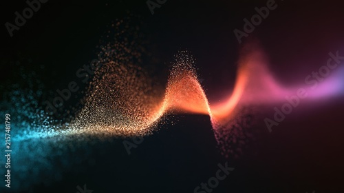 Glowing particles flow in a wave of vibrant blue, orange, and purple light