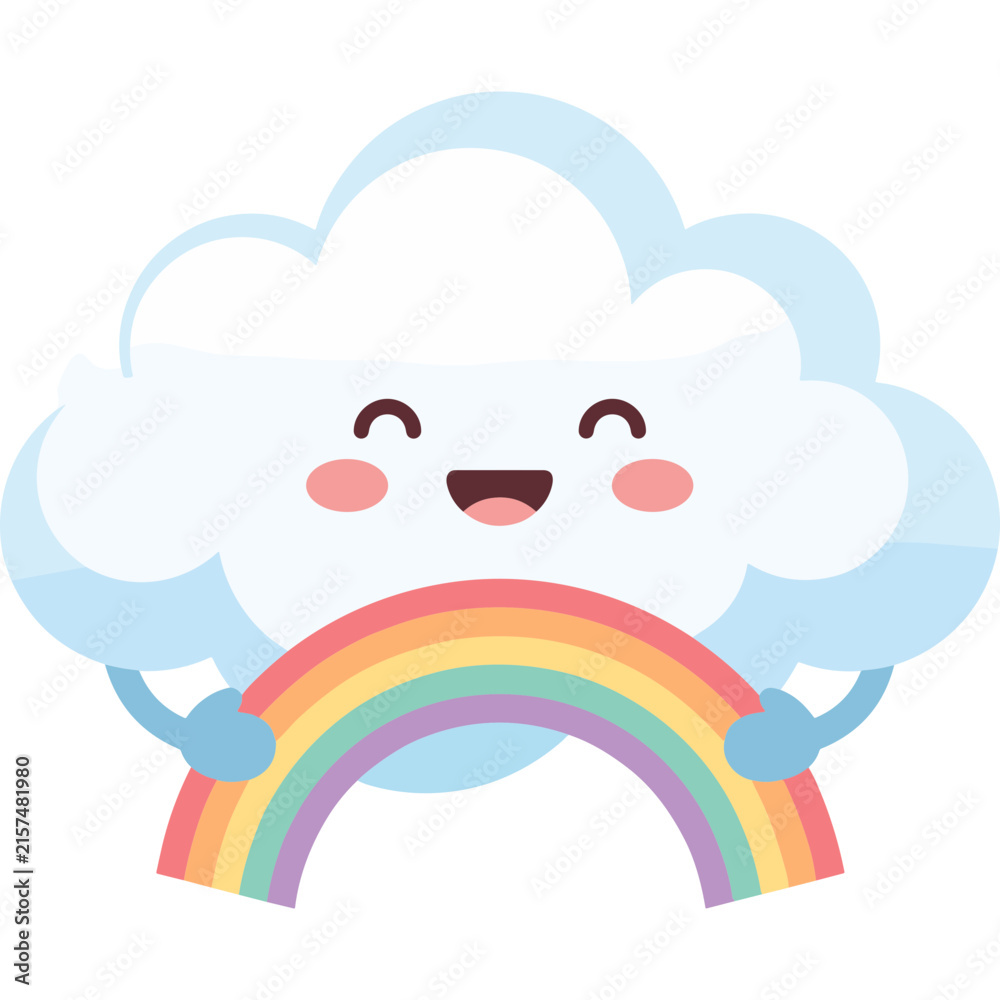 Fototapeta premium Cute Kawaii Smiling Cloud Character Holding a Colorful Rainbow Vector Illustration