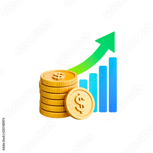 3D render of a growing financial chart with a stack of golden currency coins showing positive economic growth and investment profit performance