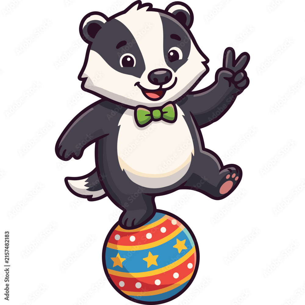 Naklejka premium Cheerful Cartoon Badger Wearing a Green Bow Tie Balancing Playfully on a Colorful Polka Dot and Star Patterned Circus Ball