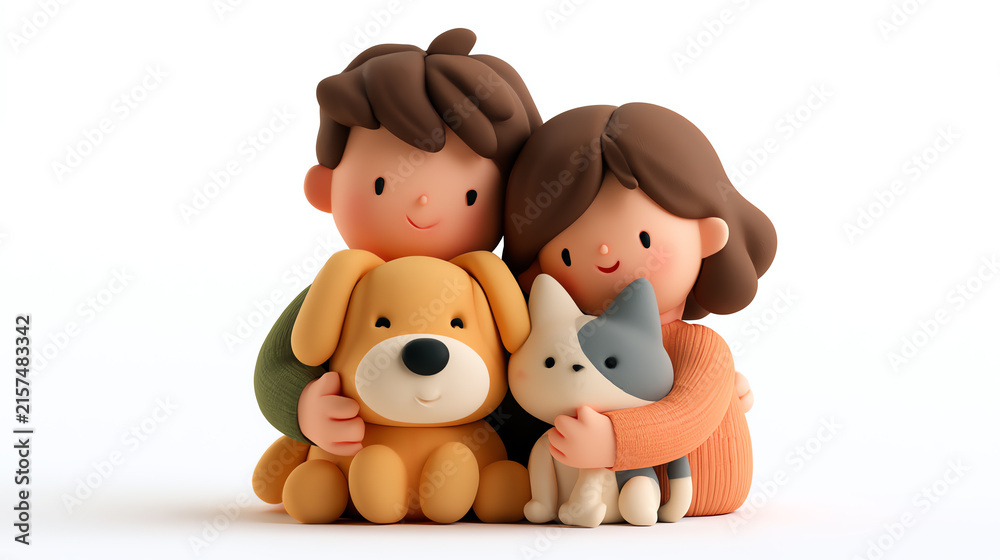 Fototapeta premium A cheerful couple embraces their pets, showcasing the joy of companionship and love between people and animals in a vibrant, playful style.