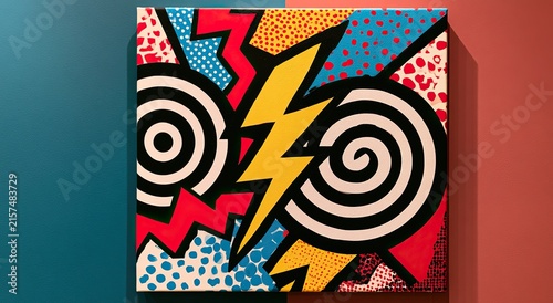 Bold, abstract graphic art with vibrant colors, lightning bolt, and concentric circles