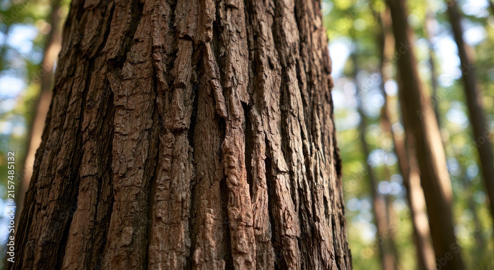 Fototapeta premium Close-up view of rough, textured tree bark with a blurred forest background