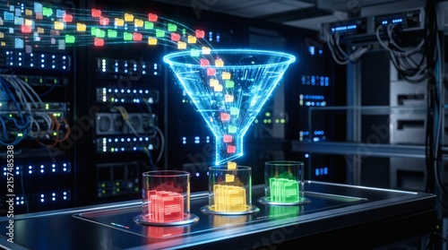 Digital data filtering through a glowing funnel into colored containers in a server room
